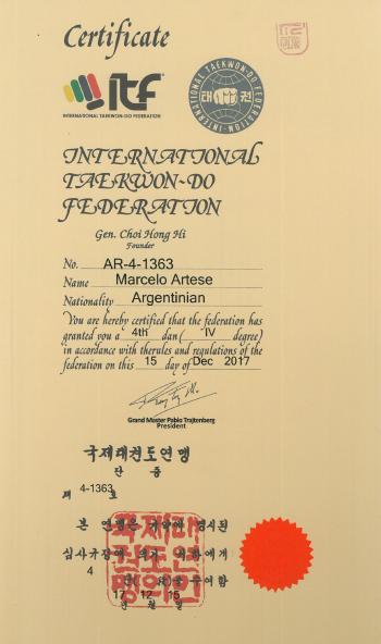 Diploma de 4to Dan otorgado por la I.T.F.
